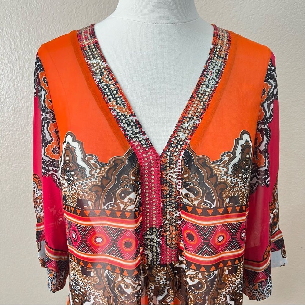 Joseph Ribkoff Colorful Sheer Blouse with Multicolored Rhinestones Size 6 - Picture 8 of 15